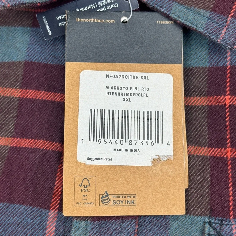 The North Face Shirt Mens 2XL‎ XXL Red Plaid Arroyo Flannel Organic Cotton NWT